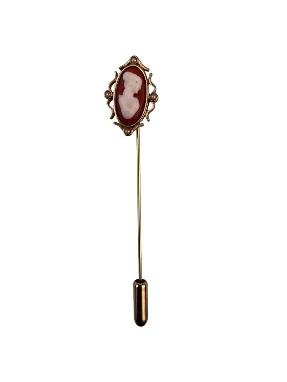 Avon Womens Gold Tone Cameo Stickpin Brooch Ornate Pearl Accents Vintage Style